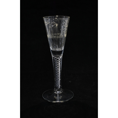 117 - 19th century 'concordia harmonia' engraved wine glass with spiral air twist stem and spreading circu... 