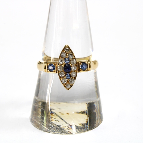 12 - Victorian 18ct gold diamond and sapphire ring with three central sapphires within a surround of twel... 