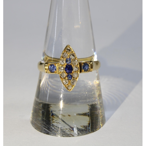 12 - Victorian 18ct gold diamond and sapphire ring with three central sapphires within a surround of twel... 