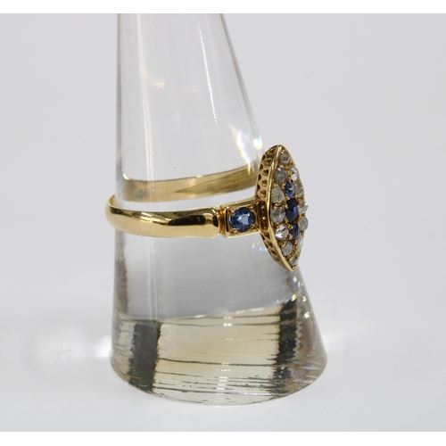 12 - Victorian 18ct gold diamond and sapphire ring with three central sapphires within a surround of twel... 