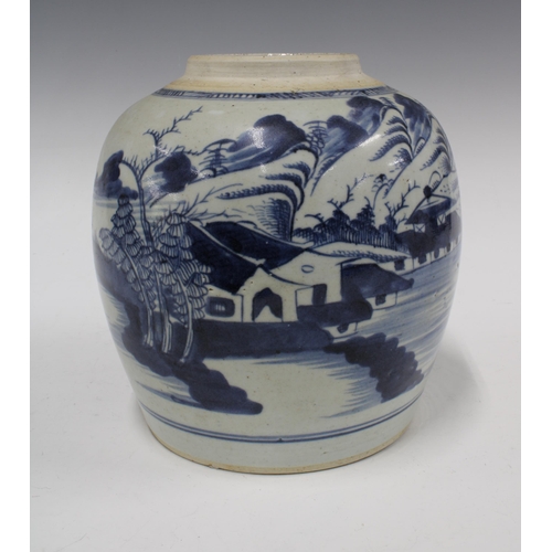 133 - Provincial chinese blue and white jar, typically painted with a landscape scene, 22 x 22cm.