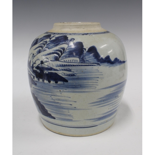 133 - Provincial chinese blue and white jar, typically painted with a landscape scene, 22 x 22cm.