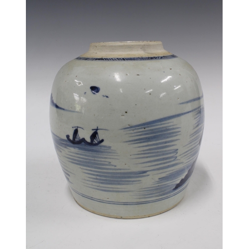 133 - Provincial chinese blue and white jar, typically painted with a landscape scene, 22 x 22cm.