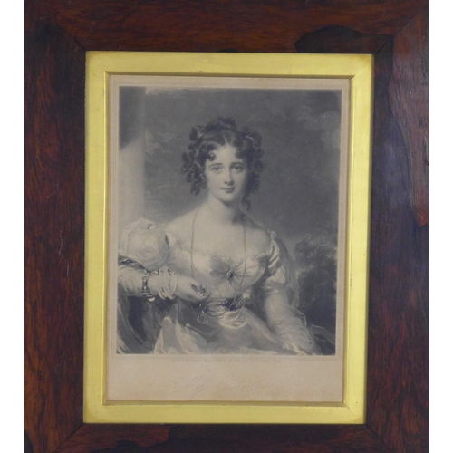 157 - 19th century print of Miss Croker, under glass within a rosewood frame, size including frame 37 x 44... 