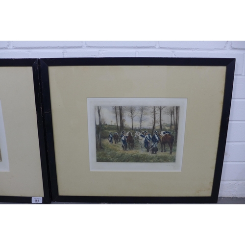 161 - AFTER MEISSONIER, a pair of coloured prints, blind stamped and pencil signed W.A. Cox, framed under ... 