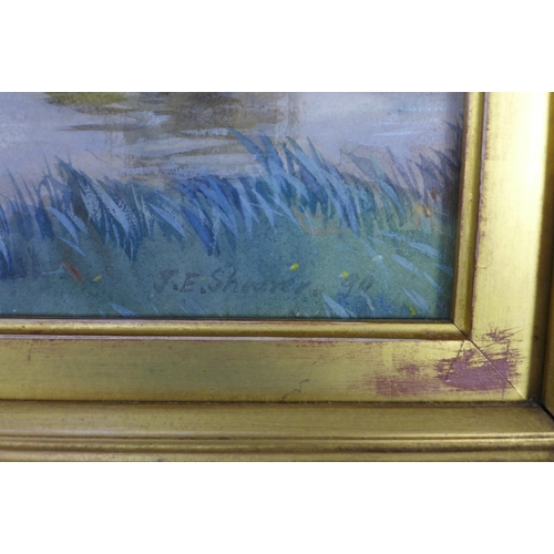 162 - J.E. SHEARER, Untitled lakeside scene, watercolour, signed and dated '99. under glass within an orna... 