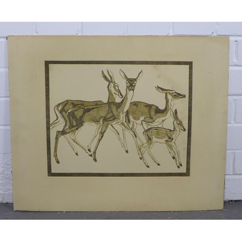 166 - Early 20th century linocut of antelopes, laid down board but unframed and unsigned, inscribed verso ... 