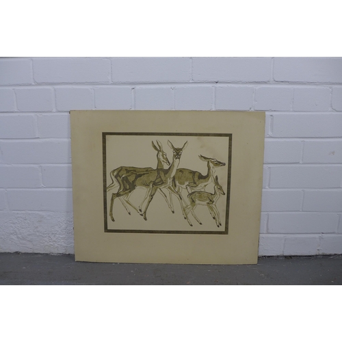 166 - Early 20th century linocut of antelopes, laid down board but unframed and unsigned, inscribed verso ... 