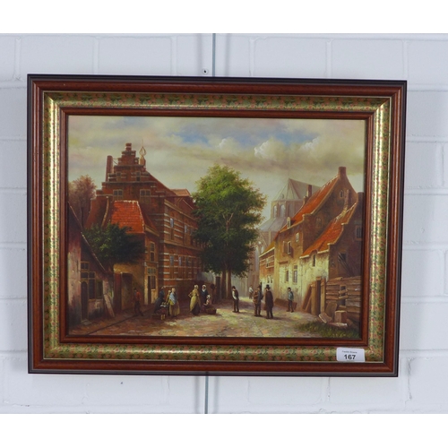 167 - R FAINELLO, Untitled Continental street scene, oil on board, signed bottom right, framed. 40 x 30cm