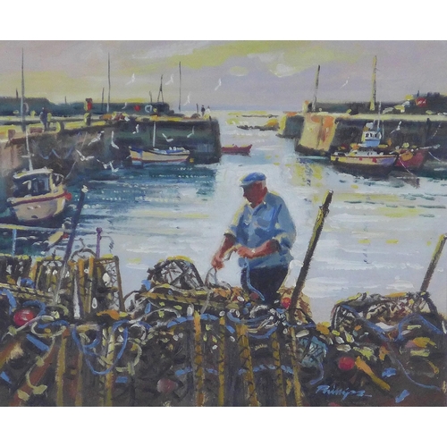 168 - DOUGLAS PHILLIPS  (SCOTTISH 1926 - 2012) untitled harbour scene, signed oil on board, framed under g... 