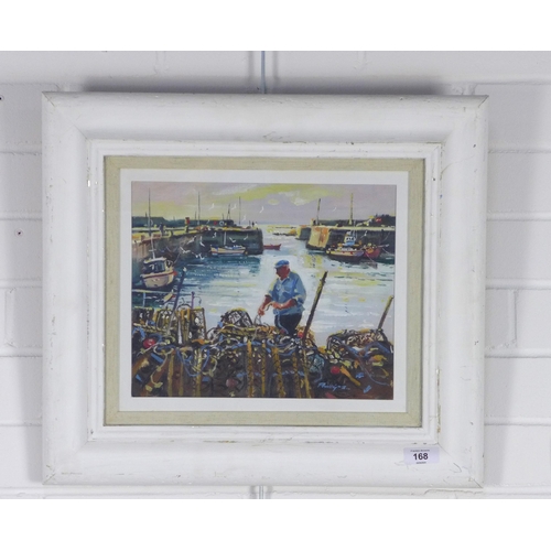 168 - DOUGLAS PHILLIPS  (SCOTTISH 1926 - 2012) untitled harbour scene, signed oil on board, framed under g... 