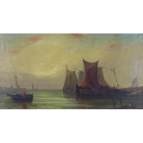 171 - Untitled river scene with boats, oil on canvas, signed indistinctly bottom right, framed.  54 x 29cm