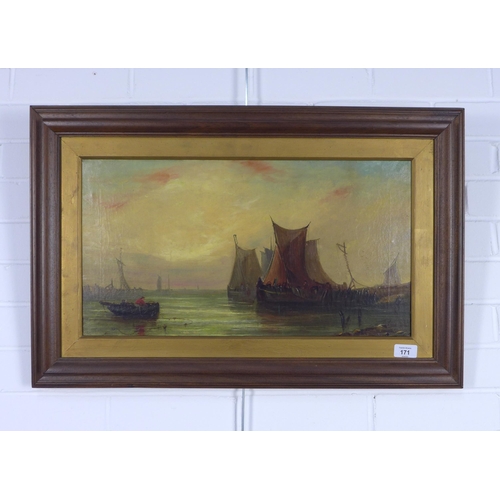 171 - Untitled river scene with boats, oil on canvas, signed indistinctly bottom right, framed.  54 x 29cm