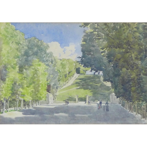 174 - Early 20th century watercolour of park in summer, signed indistinctly with a monogram bottom right, ... 