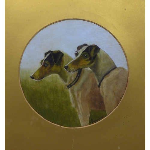 175 - BEVERIDGE, circular oil on board of two hounds, signed, in a card mount but unframed, 18cm diameter