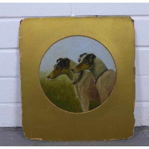 175 - BEVERIDGE, circular oil on board of two hounds, signed, in a card mount but unframed, 18cm diameter