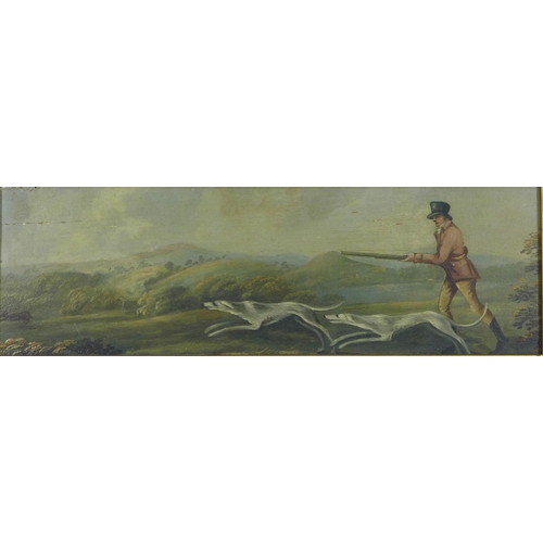 176 - Untitled oil on board of a hunter with two hounds, oil on board, unsigned, framed. 38 x 12cm