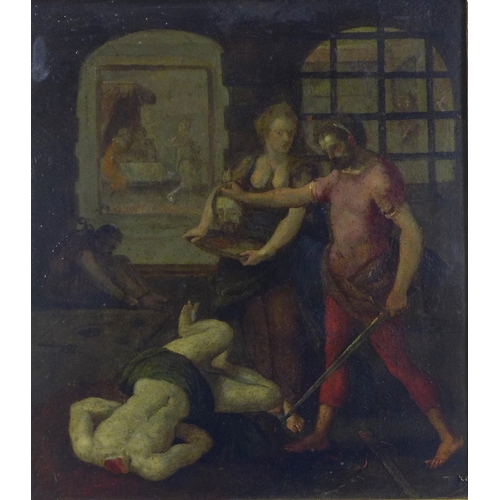 177 - The beheading of St. John the Baptist, oil on board, apparently unsigned, framed. 21 x 24cm