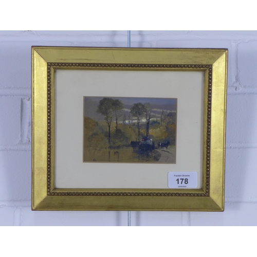 178 - Untitled river and boat scene, gouache, signed with a monogram bottom left, framed under glass, 12 x... 