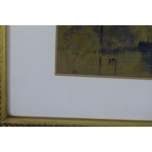 178 - Untitled river and boat scene, gouache, signed with a monogram bottom left, framed under glass, 12 x... 