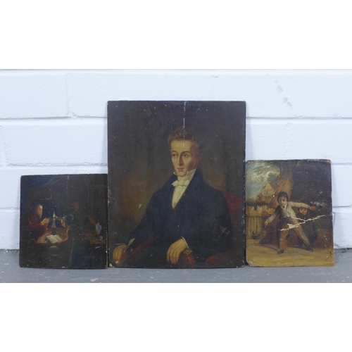 183 - Three unframed oil on panel boards to include a half length portrait of an 18th century gent, 26 x 2... 