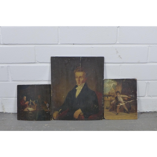 183 - Three unframed oil on panel boards to include a half length portrait of an 18th century gent, 26 x 2... 