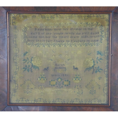 185 - 19th century sampler, worked by Sarah Mellinson and dated 1841, under glass with a rosewood frame, s... 