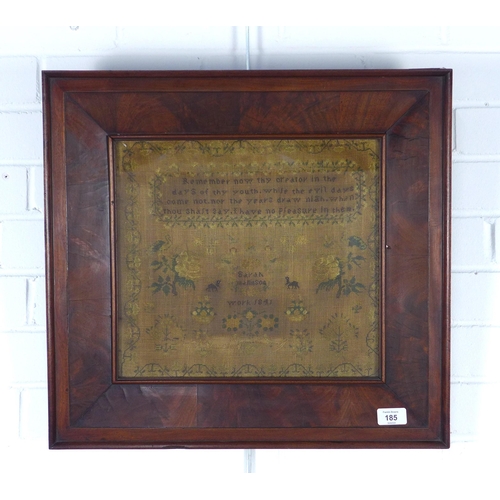 185 - 19th century sampler, worked by Sarah Mellinson and dated 1841, under glass with a rosewood frame, s... 