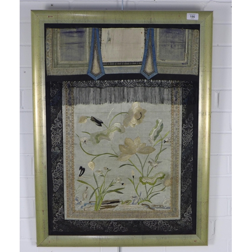 186 - Late 19th / early 20th century Japanese needlework on silk, framed without glass, 50 x 72cm