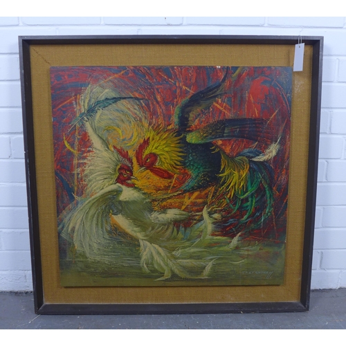 187 - VLADIMIR  TRETCHIKOFF, FIGHTING COCKS, framed vintage print on board, 54 x 67cm