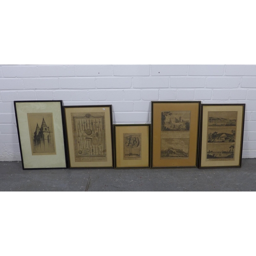 189 - Five framed prints to include Caermarthen Castle and Holt Castle, etc 5)