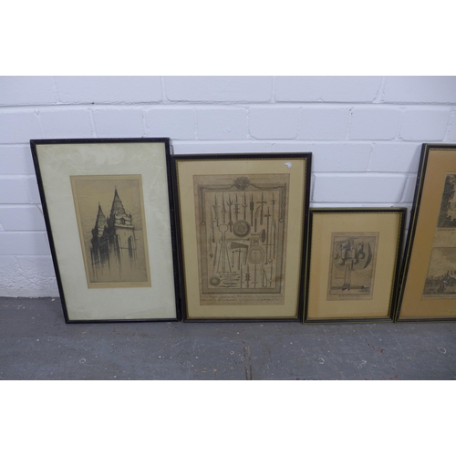 189 - Five framed prints to include Caermarthen Castle and Holt Castle, etc 5)