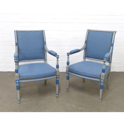 201 - A pair of  Louis XV style painted fauteuil, with blue upholstered seats, backs and arms, 57 x 91 x 5... 