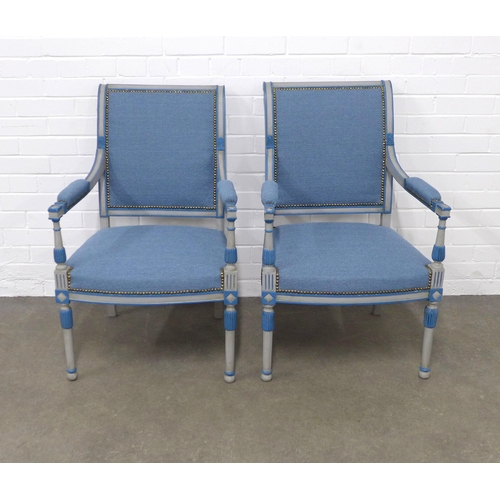 201 - A pair of  Louis XV style painted fauteuil, with blue upholstered seats, backs and arms, 57 x 91 x 5... 