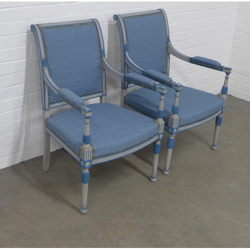 201 - A pair of  Louis XV style painted fauteuil, with blue upholstered seats, backs and arms, 57 x 91 x 5... 