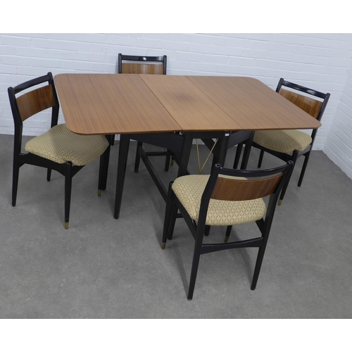 202 - Mid century tola wood dining table and four chairs, drop leaf table by Lebus,  151 x 77 x 91cm. (5)