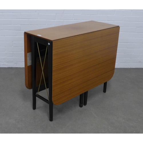 202 - Mid century tola wood dining table and four chairs, drop leaf table by Lebus,  151 x 77 x 91cm. (5)