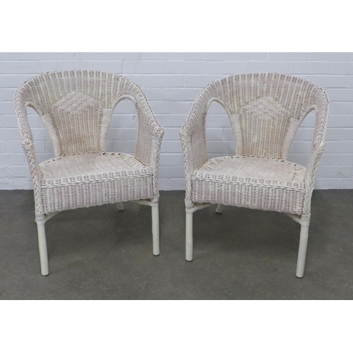 203 - Pair of white painted wicker armchairs, 58 x 77 x 41cm. (2)