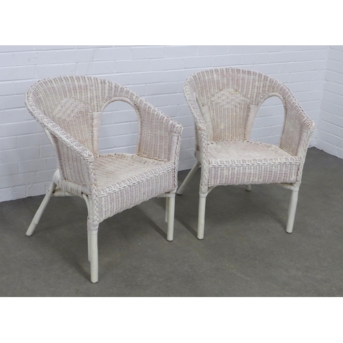 203 - Pair of white painted wicker armchairs, 58 x 77 x 41cm. (2)