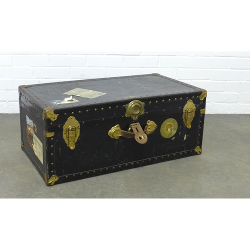 207 - Vintage travel trunk, brass fittings and old labels, 79 x 33 x x42cm.