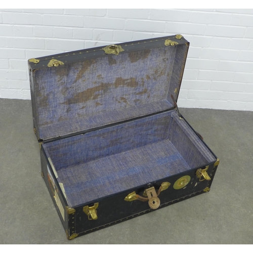 207 - Vintage travel trunk, brass fittings and old labels, 79 x 33 x x42cm.