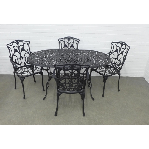 210 - Modern Victorian style black metal garden table and four chairs, 141 x 73 x 82cm. (5)