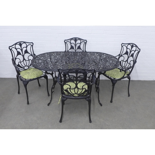 210 - Modern Victorian style black metal garden table and four chairs, 141 x 73 x 82cm. (5)