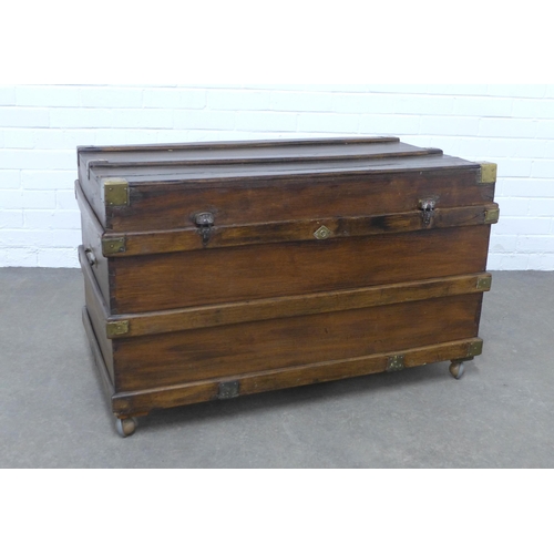 215 - Stained camphorwood blanket box, brass mounted with wooden bands, 99 x 60 x 56cm.