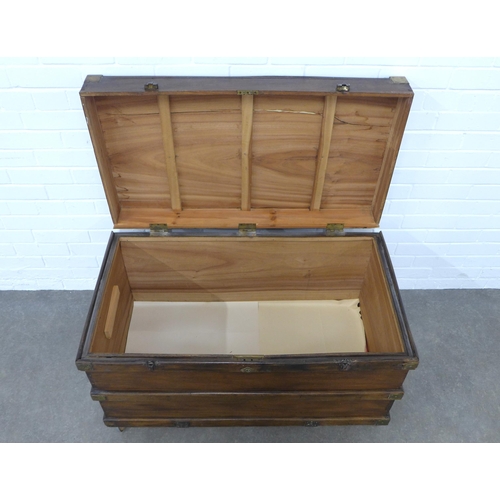 215 - Stained camphorwood blanket box, brass mounted with wooden bands, 99 x 60 x 56cm.