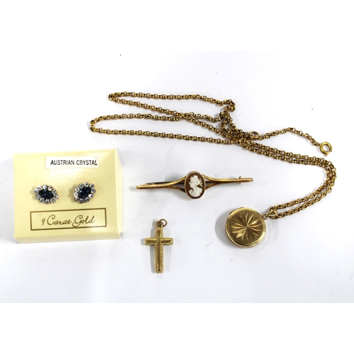 22 - 9ct gold Cameo bar brooch, 9ct gold crucifix, 9ct gold locket on an unmarked chain and a pair of Aus... 