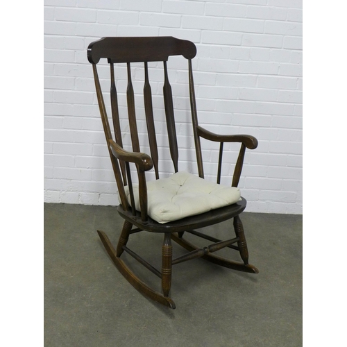 226 - Rocking chair, solid seat and turned legs, 63 x 104 x 50cm.