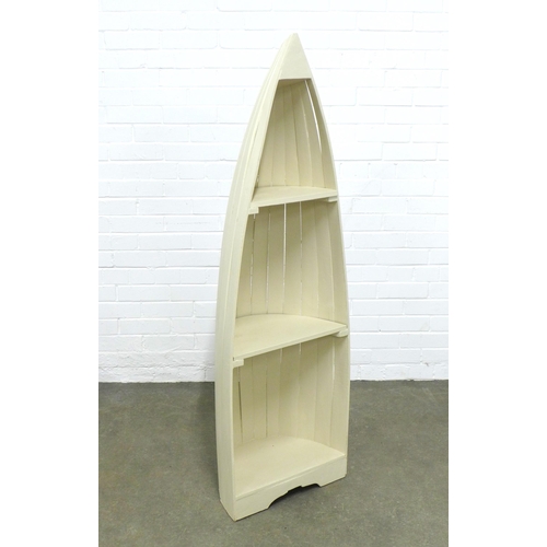 229 - Modern white painted Boat open bookcase, 47 x 147cm.