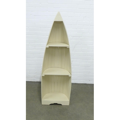 229 - Modern white painted Boat open bookcase, 47 x 147cm.