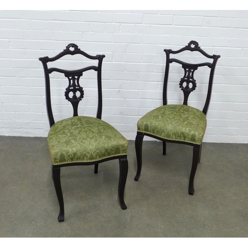 236 - Pair of victorian ebonised  side chairs, damask upholstered stuff over seats 45 x 94 x 44cm. (2)